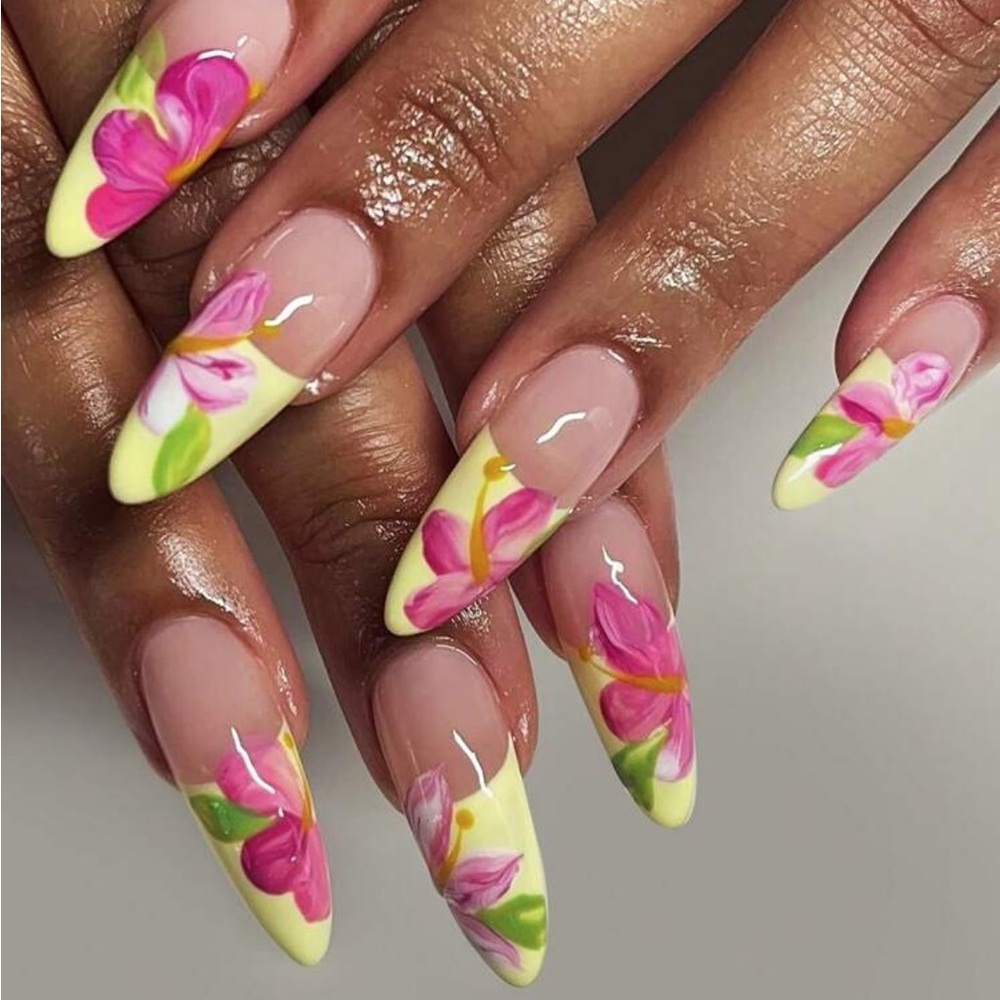 24pcs Medium-Length Almond Press On Nail Y2K Style Candy Colorful Flower Fake
